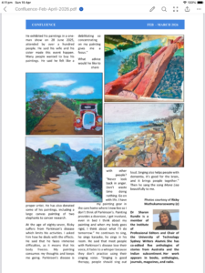 Magazine page with a blue Confluence header and a collage of five landscape paintings beside columns of text; small portrait photo at bottom right.