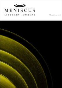 Cover of Meniscus Literary Journal: Volume 14, Issue 1, 2026, with a white header featuring the logo and a black field with yellow curved shapes