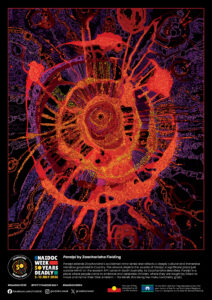 Abstract poster with vivid orange-red circular gear shapes over a purple intricate background; includes NAIDOC Week 50 Years Deadly branding and event dates at the bottom.