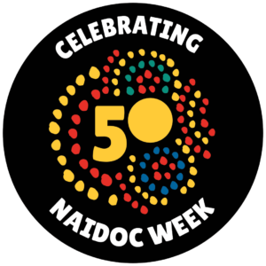 Circular black badge reading 'Celebrating NAIDOC Week' with a multicolored dotted spiral and a large yellow '50' at the center, indicating the 50th anniversary of NAIDOC Week