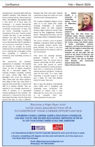 Newsletter page titled Confluence, Feb–Mar 2024, with three text columns and a right-side portrait; blue advertisement banner at bottom.