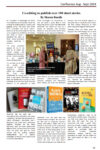 Magazine page header 'Confluence Aug - Sept 2024' with article title 'Co-editing to publish over 100 short stories' and a group photo of women at a book stall surrounded by stacked books.
