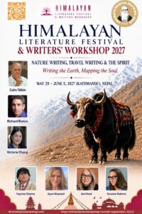 Poster for Himalayan Literature Festival & Writers' Workshop 2027 with speakers Colm Tóibín, Richard Blanco, Victoria Chang and others in a mountain setting
